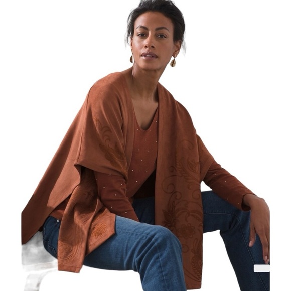 Chico’s Faux Suede Terracotta Embroidered Bohemian Ruana - Picture 2 of 8